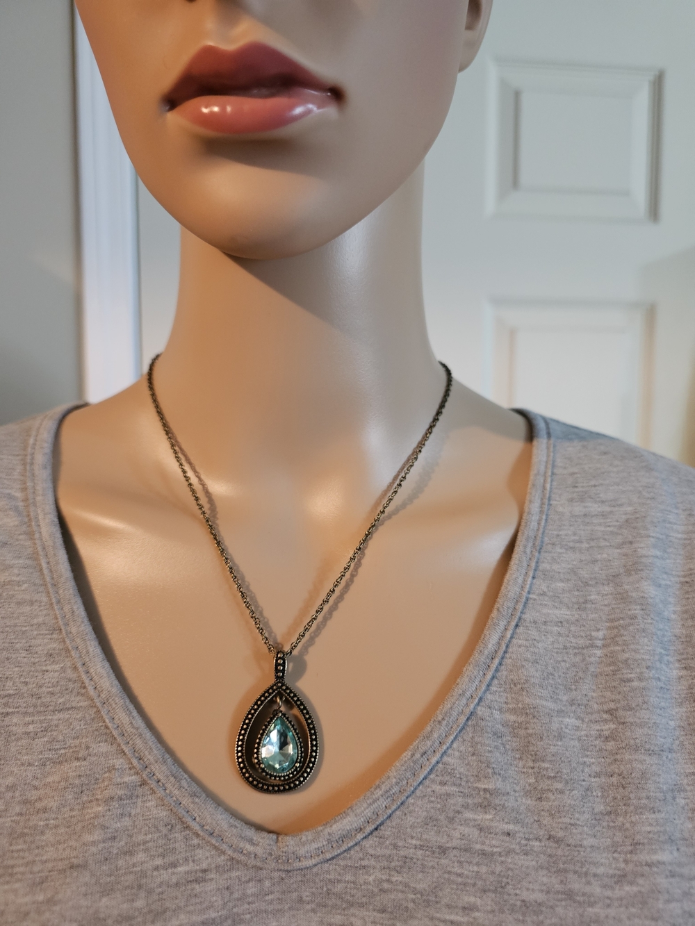 Antique Gold Teardrop Necklace with Blue Crystal Pendant